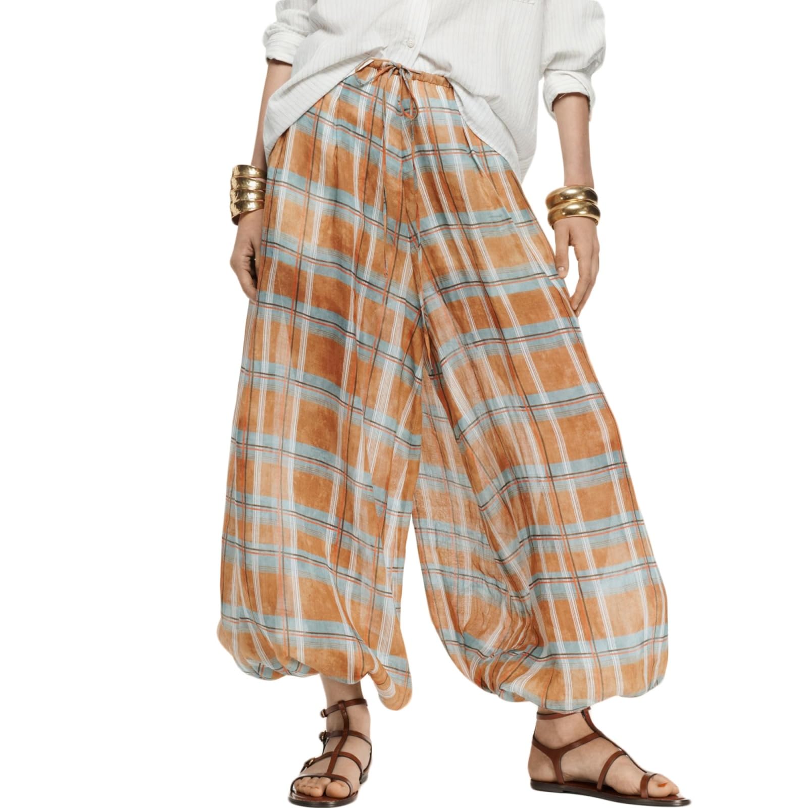 Harem Pants for Women Plaid Print Wide Leg Elastic Waist Palazzo Trousers Boho Balloon Pants Beachwear with Pockets