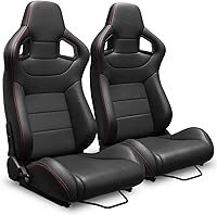 Elountik 2PCS Universal Reclinable Racing Seats with Dual Sliders, Premium PVC Leather Bucket Seats, Red Stitching for Cars
