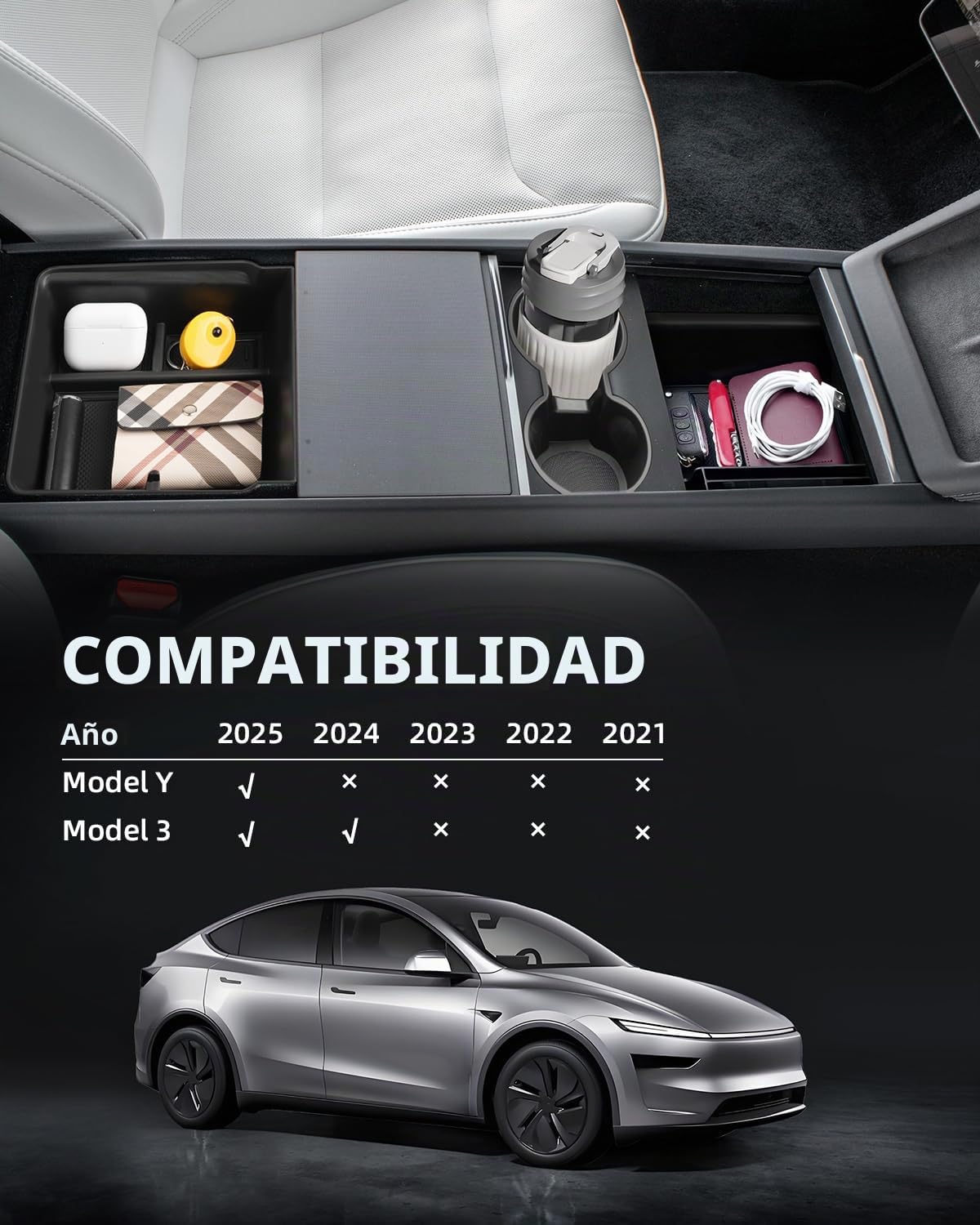 Cajas de Almacenamiento Consola Central para Tesla Model Y Juniper 2025 2026, Organizador de Apoyabrazos para Tesl-a Model 3 Highland 2024-2026, Portavasos, Accesorios Tesla, 3 Piezas Negro