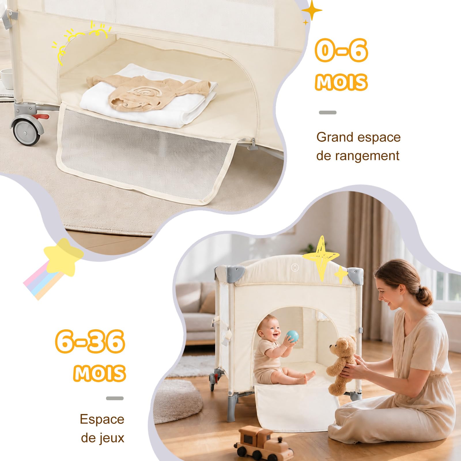 LEADZM Lit Bébé Cododo 5 en 1, Berceau Bébé Pliable avec Table à Langer, Panier de Rangement, Moustiquaire, Jouets Suspendus et Sac de Transport pour Nouveau-né et Jeune Enfant (Blanc Cassé)