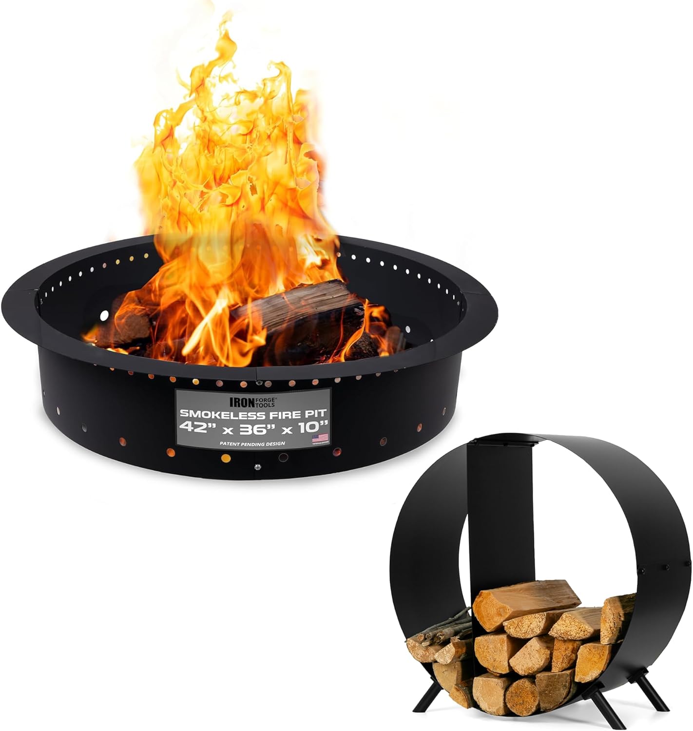Iron Forge Tools 42" Fire Pit Ring & 24" Firewood Rack with Cover: Heavy-Duty Outdoor/Indoor Smokeless Fire Pit Insert & Log Holder for Patio/Backyard – Utility Patent Pending