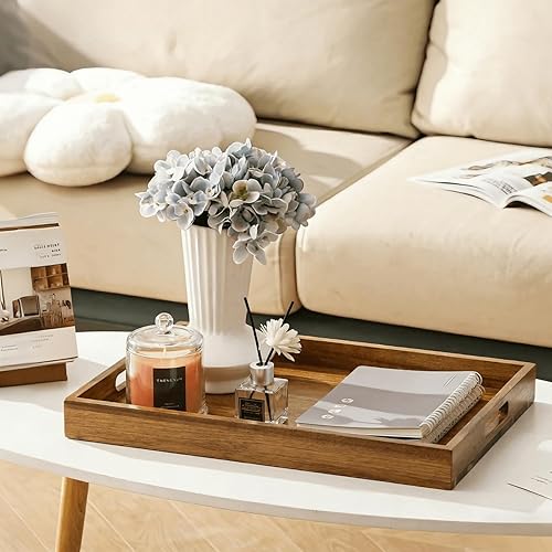 Miniatura 5 de YOUEON Paquete de 2 bandejas de madera de acacia de 17 x 12 pulgadas con asas, bandeja grande de madera para otomana, desayuno en la cama, cena,