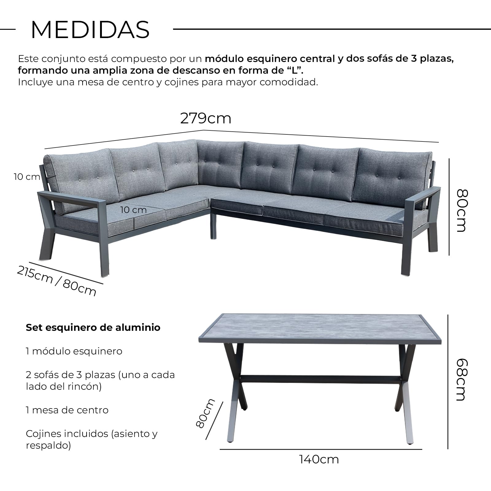 YOEVU - Conjunto de Jardín 7 Plazas | Aluminio Resistente al Óxido | Sofá Esquinero Modular | Cojines Desenfundables | Mesa Amplia y Funcional, Extra Grande (Gris)