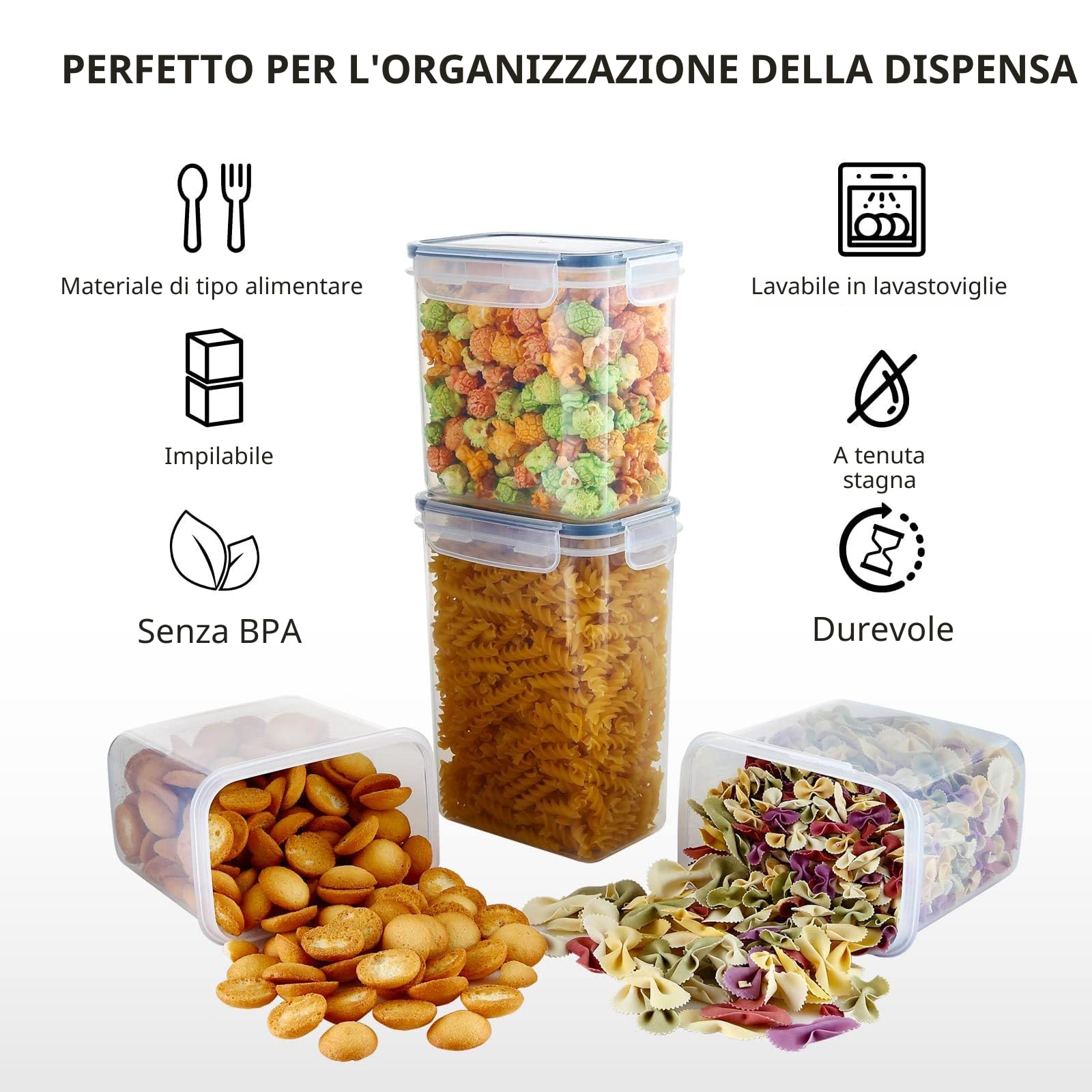 Contenitori per alimenti capienti da 42 litri con coperchi ermetici, set di organizzatori da cucina, senza BPA, trasparenti, 24 pezzi