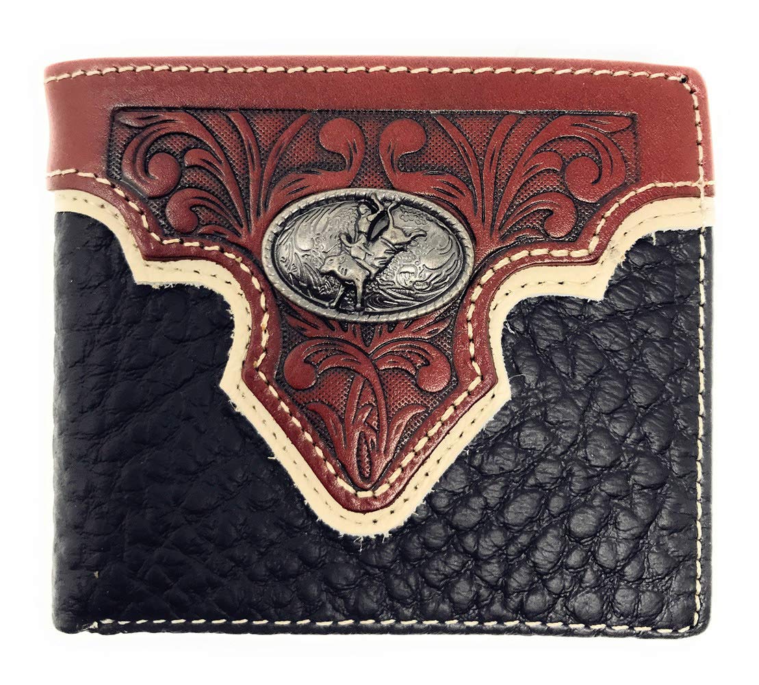 Western Genuine Leather Floral Tooled Rodeo Concho Mens Short Bifold Wallet in 2 colors (Black)