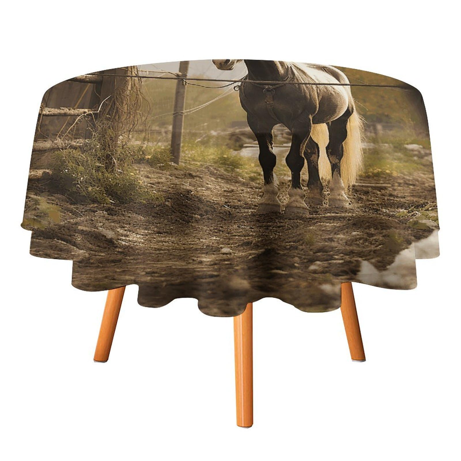 SMAZDFXX Fence and Horse Tablecloth for Restaurant, Round Polyester Table Cover 50x50in for Party
