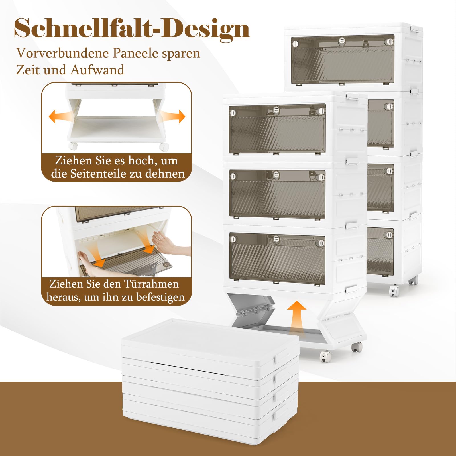 COSTWAY 168 L Aufbewahrungsbox mit Deckel, 4er Set Stapelboxen faltbar, Aufbewahrungsbehälter mit Zweiweg-Türen & Rollen, Boxen Aufbewahrung Kunststoffbox, Weiß (168 L)