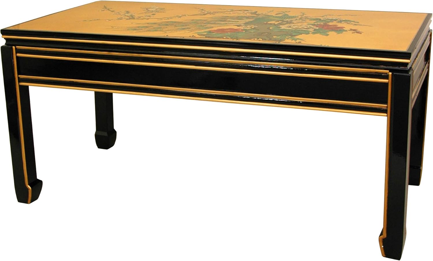 Red Lantern Artisan Crafted Lacquer Coffee Table - Black with Hand Painted Village Landscape