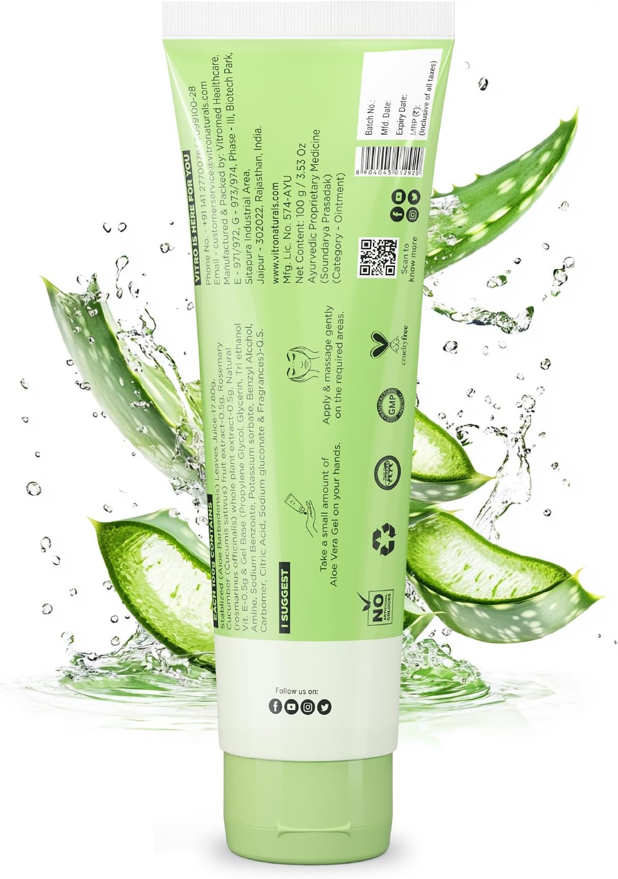 VITRO Pure Aloe Vera Gel 100 gm For Skin and Hair With Vitamin E (Paraben Free) I am Naturals
