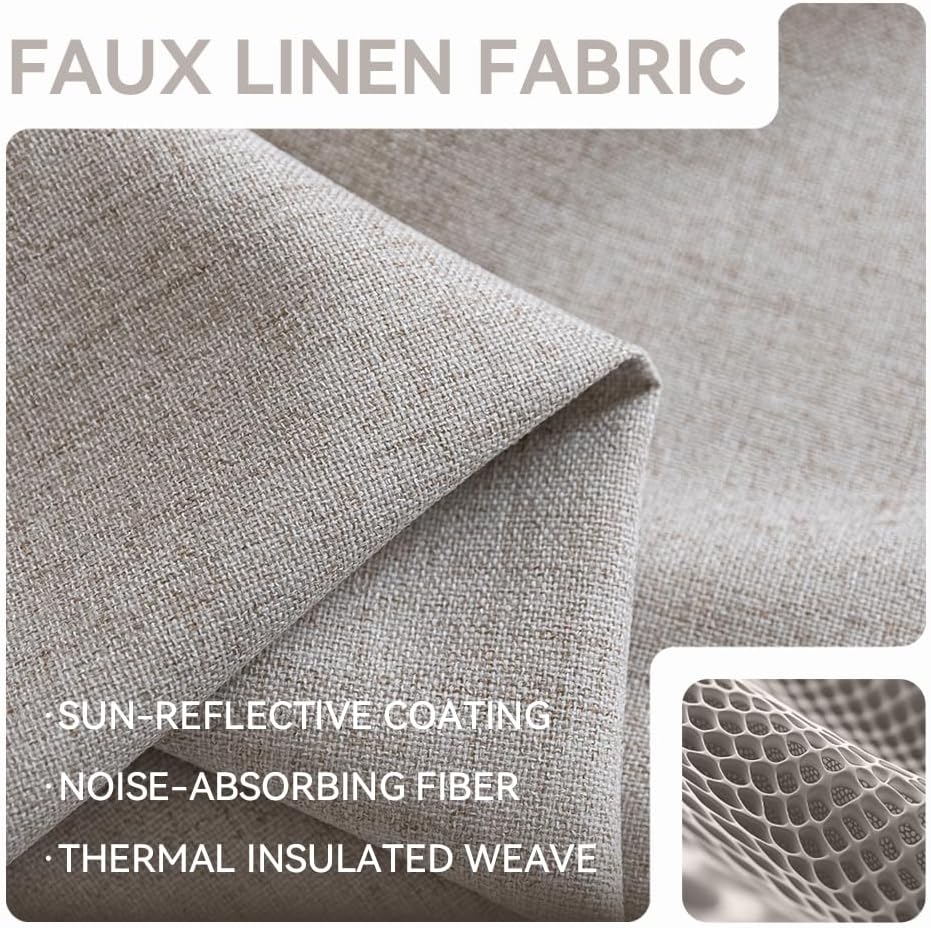 PFAS Free Natural Linen Curtains 84 inch Length 2 Panels Set 100% Blackout Long Drapes for Bedroom Living Room Blackout Darkening Curtain Thermal Insulated (52x84 inch,Natural)