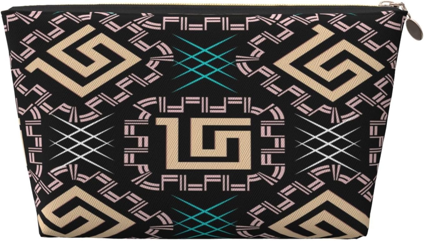 Retro Golden Greek Geometric Key Leather Makeup Bag For Women, Portable Travel Toiletry Bag,Cosmetic Bags, Toiletries, Aesthetic Accessories Storage Bag