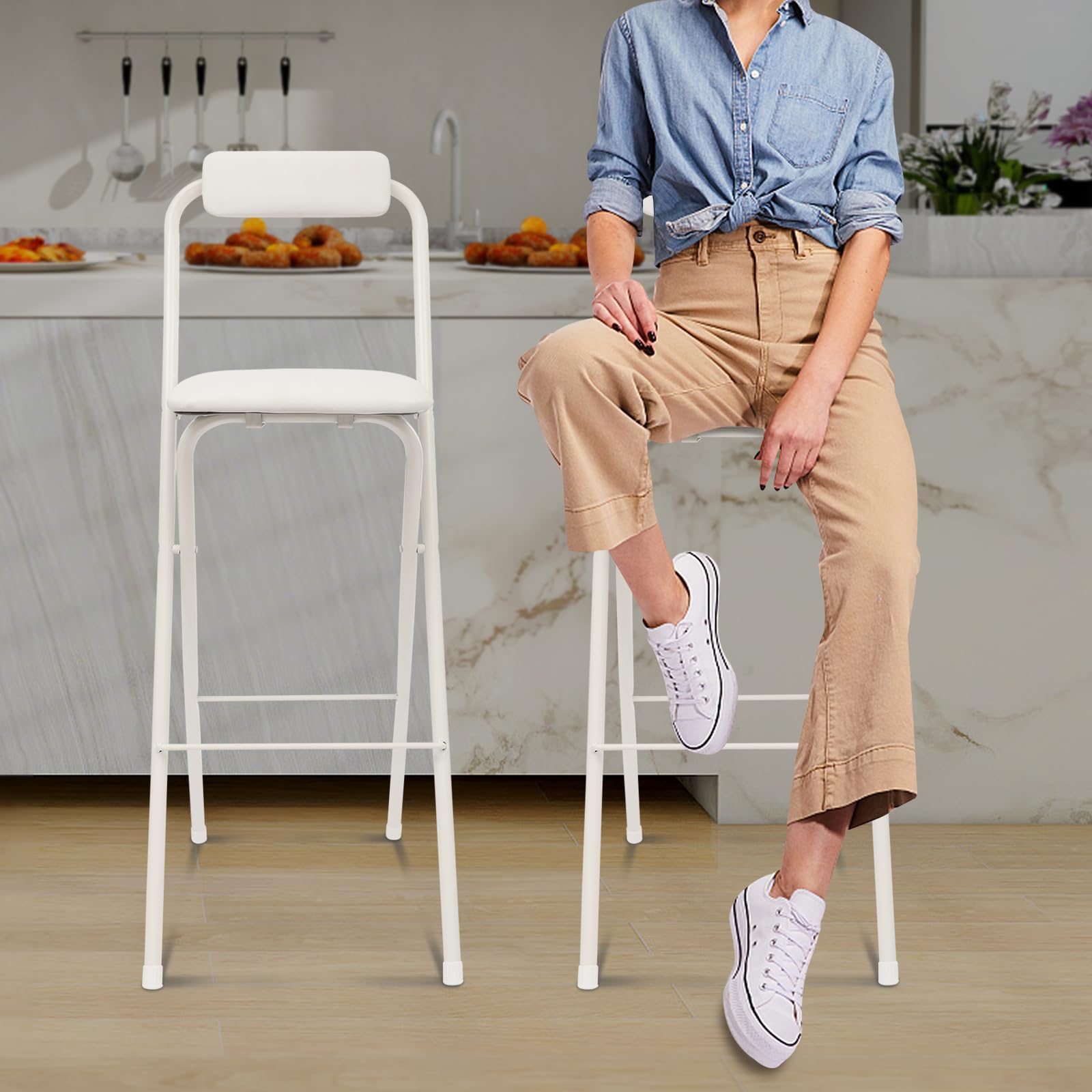 Uphilltool 2 Pcs Foldable Bar Chair with Backrest, 29.5 Inch Tall Foldable Stool Chair Counter Height Seat Leather Padded for Kitchen Cafe Dining Room