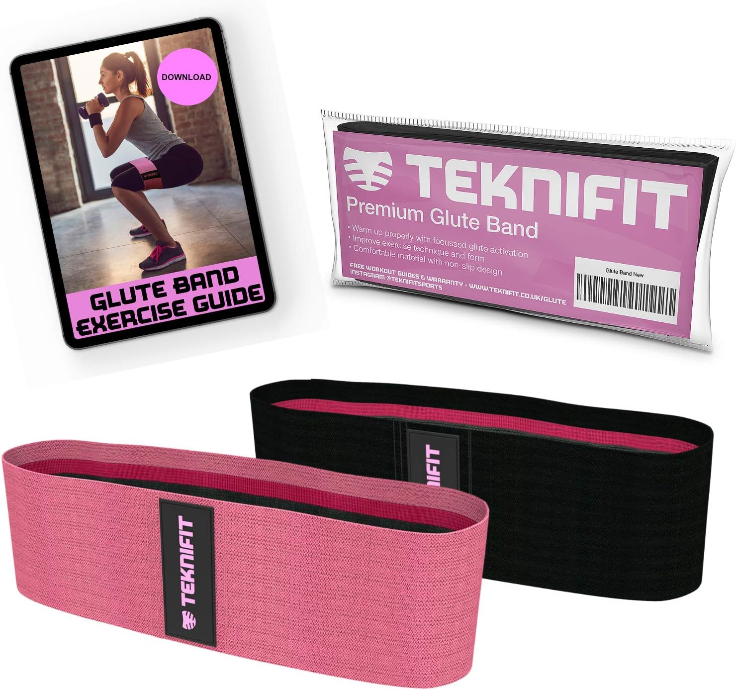 Teknifit Glute Band - Premium Fabric Resistance Band - Non Slip Design for Women - Pink OR Black Booty Band - Inc. Free Workout E-Book (DOWNLOAD) with Butt and Leg Toning Exercise Guide