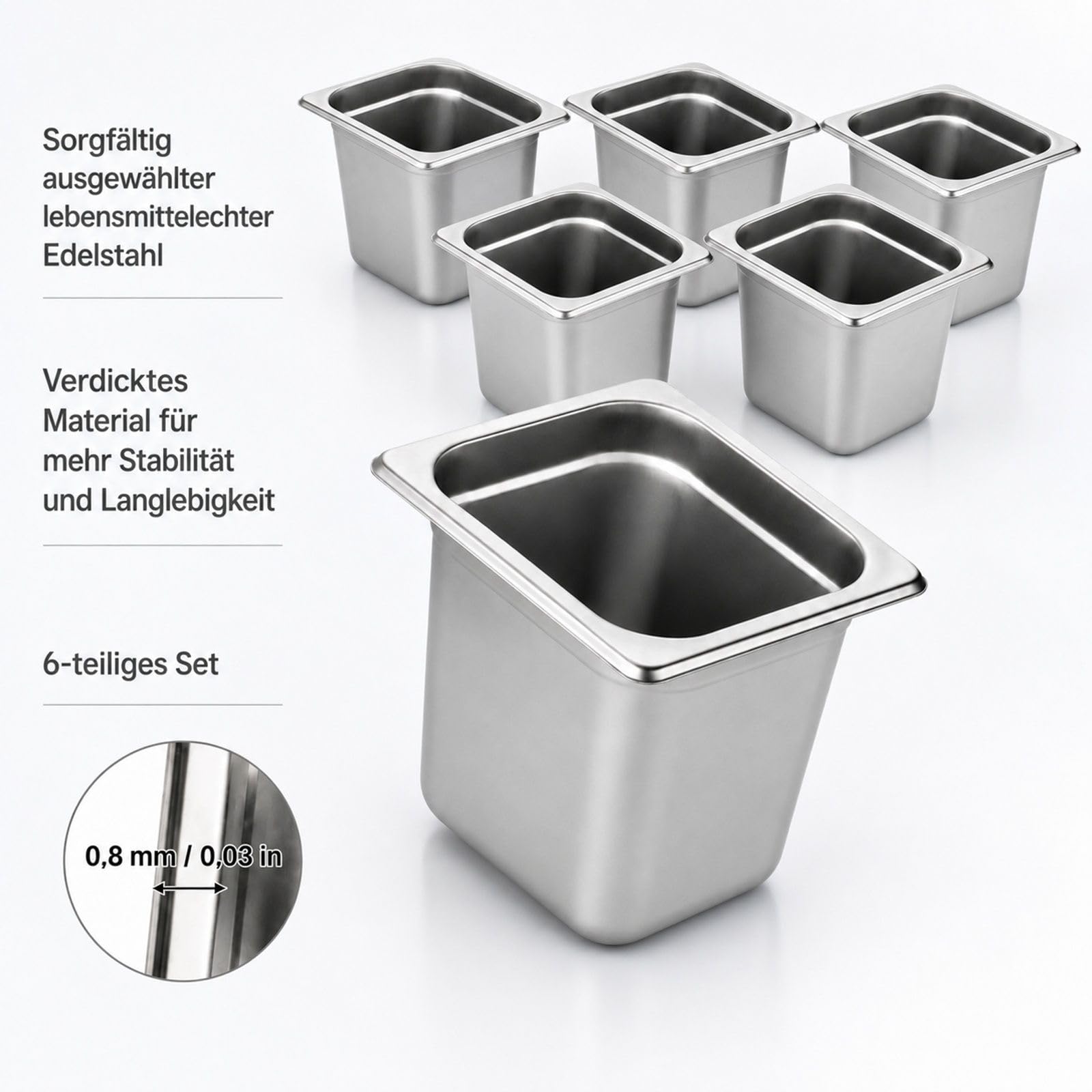 6er Set Gastronormbehälter GN 1/6 aus Edelstahl für Bain-Marie und Buffet |