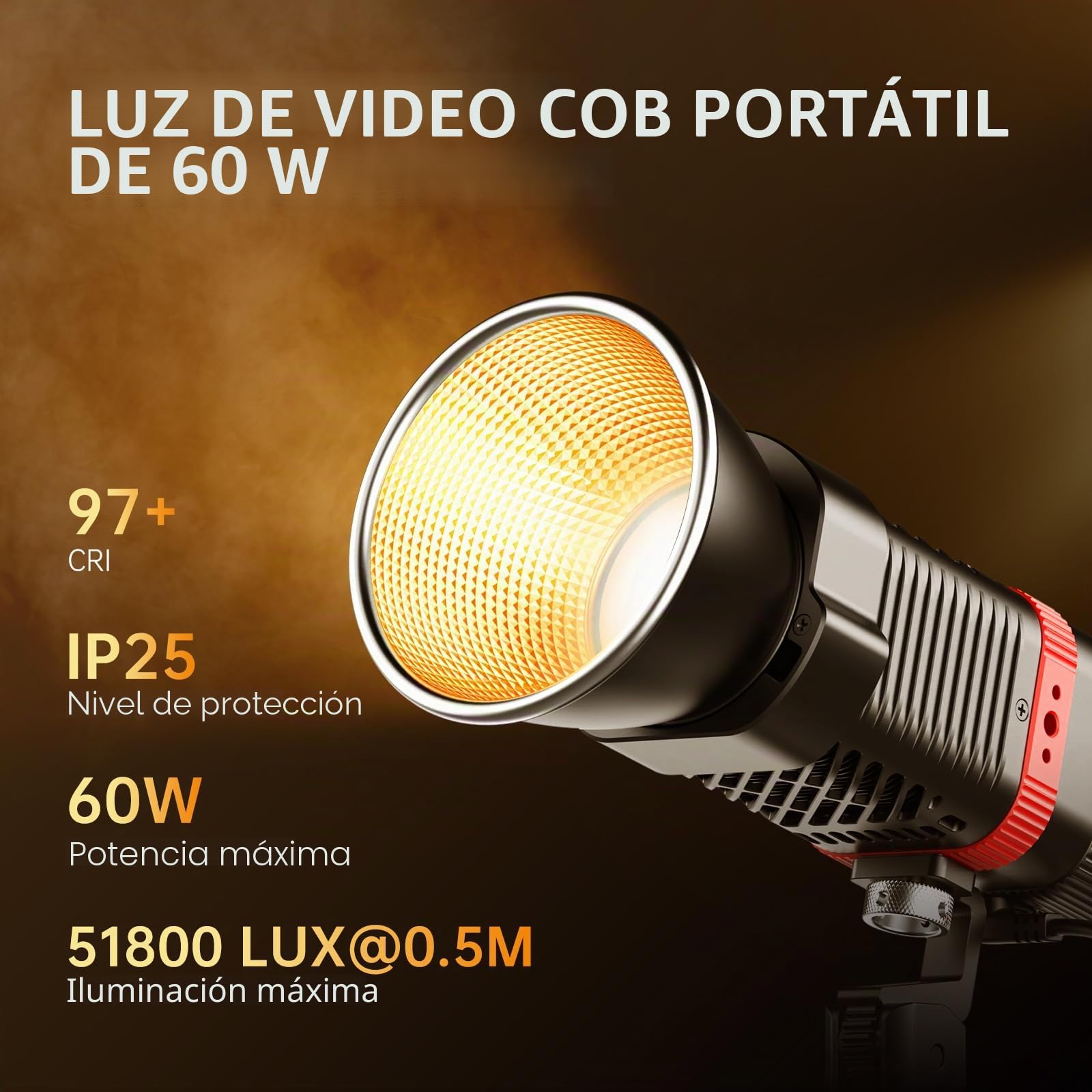 GVM PL60B - Lámpara de vídeo (60 W, para iluminación de estudio COB, iluminación de fotografía portátil para grabación, iluminación de vídeo LED portátil, proyector exterior para control por