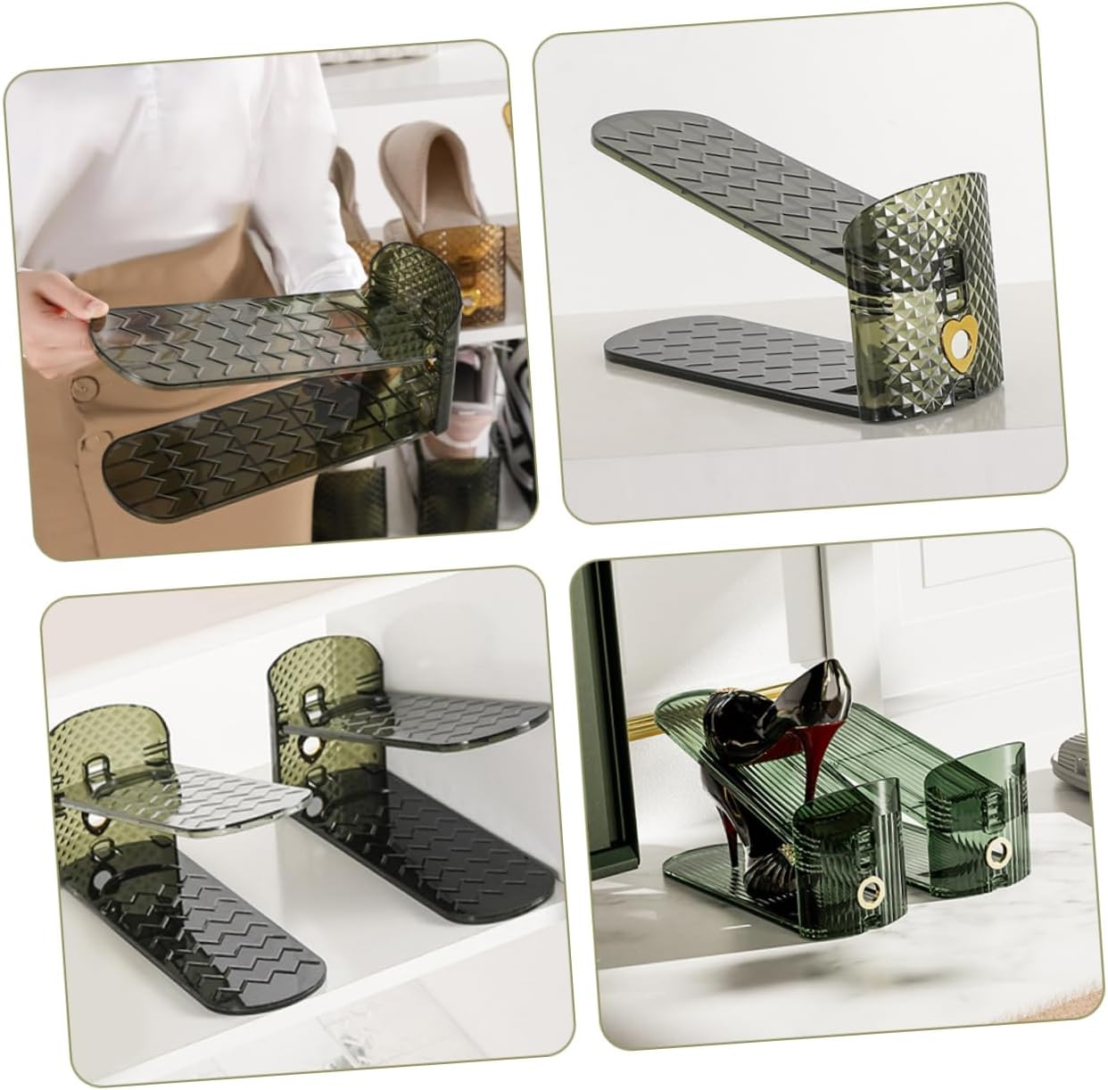 Garneck 2pcs Adjustable Space Saving Shoe Rack Double Layer Organizer for Closet Design for Slippers and Sneakers Olive Green