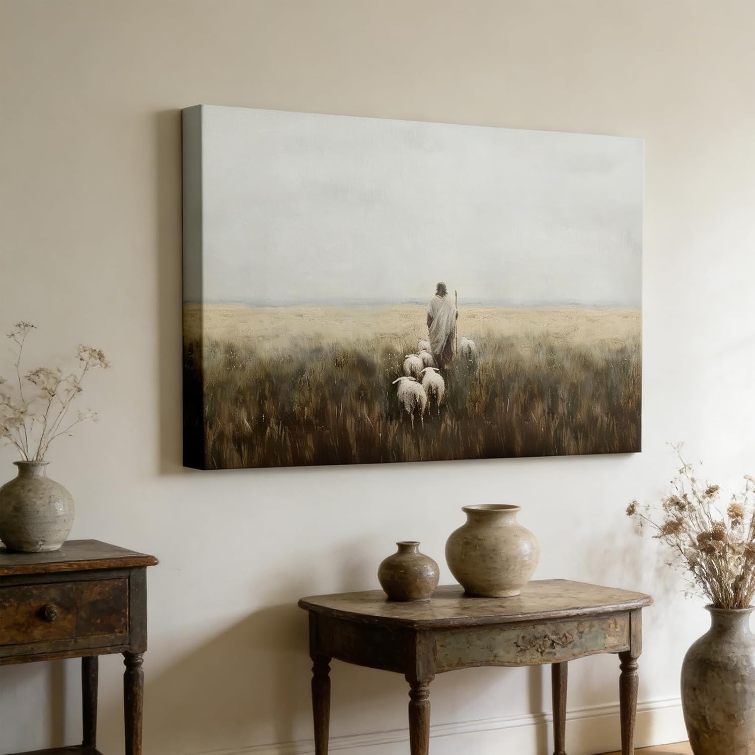 Jesus and Lamb Canvas Wall Art Vintage Christianity shepherd Painting Picture Wall Decor Jesus Leaves the 99 Sheep Inspirational Poster Print Artwork for Church Study Living Room Home Decoration - Image 5