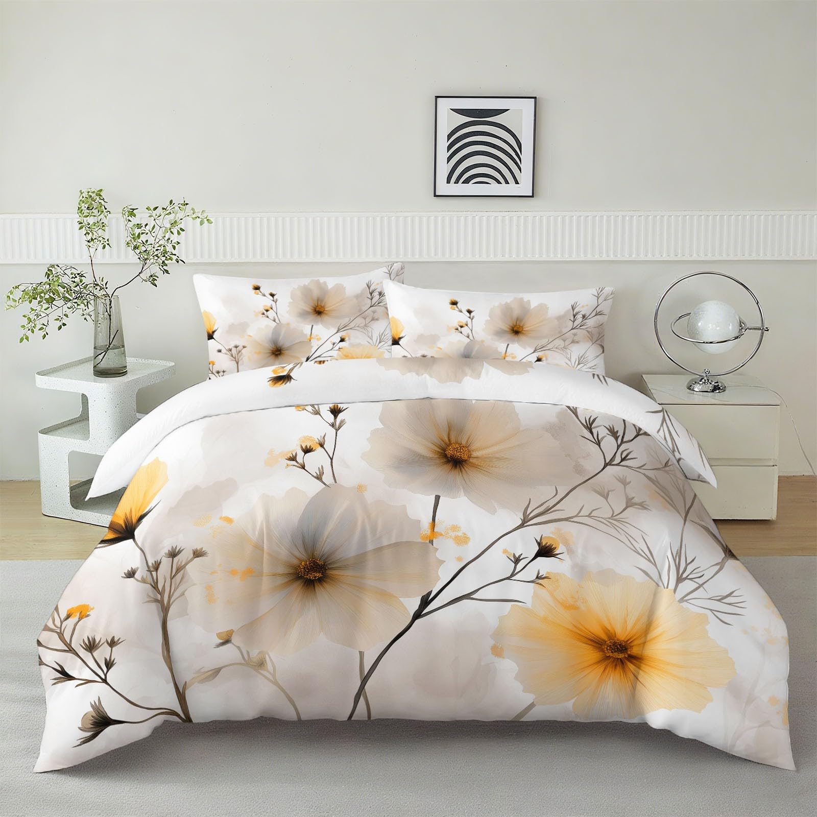 Bardzo miękki i wygodny zestaw pościeli 260 x 220 cm, dwustronne, eleganckie, miękkie kwiaty, dmuchawce, zestaw pościeli super king, można prać w pralce, białe poszewki na kołdrę z 2 poszewkami na