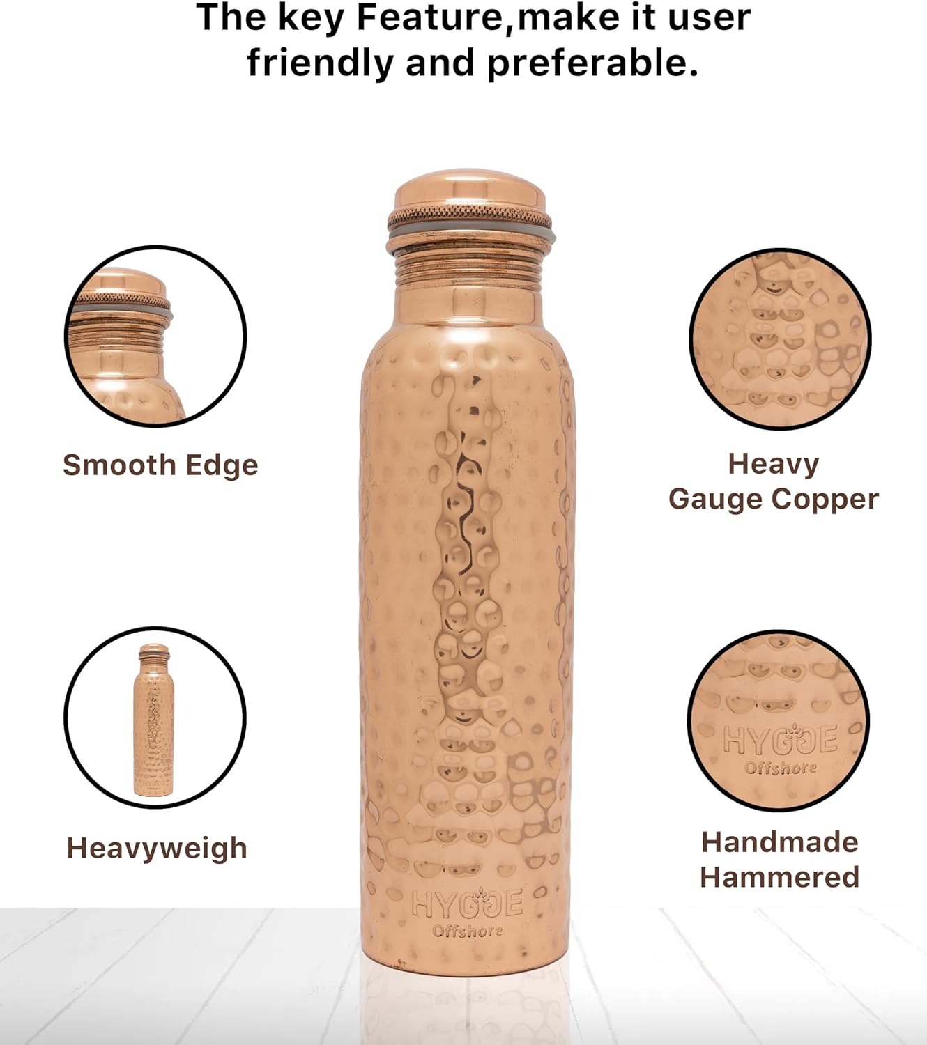 HYGGE 34oz (1L) Pure Copper Water Bottle – Leak-Proof Ayurvedic Copper Bottle for Drinking – Hammered Design – Ideal for Yoga, Gym, Fitness & Outdoor – Natural Wellness Benefits