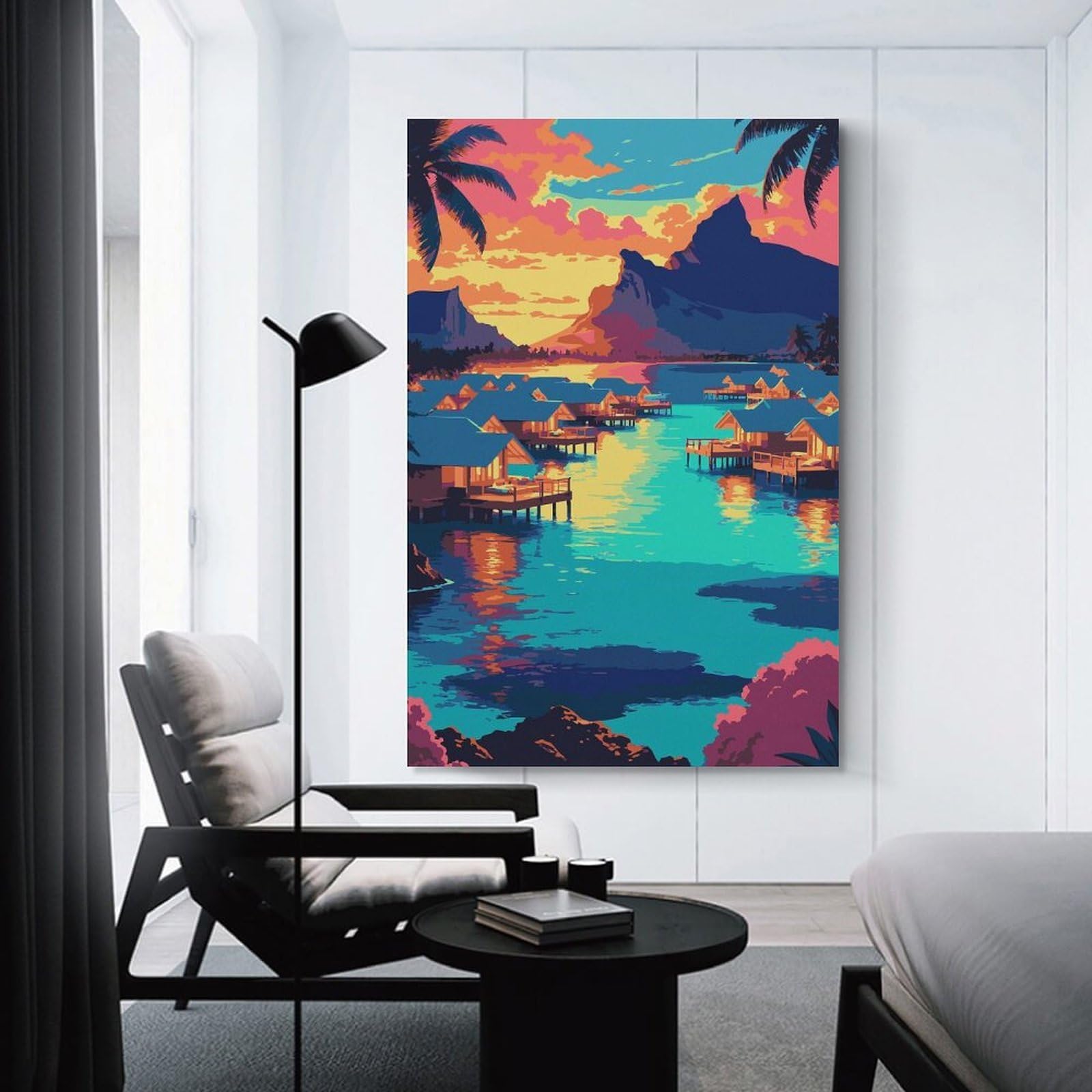 Junmoney Tropical Island Resort at Sunset Wall Picture Print 20x30inch(50x75cm), for Corridors, Hallways Or Apartment Entries, Decorative Canvas Styling for Entry Areas