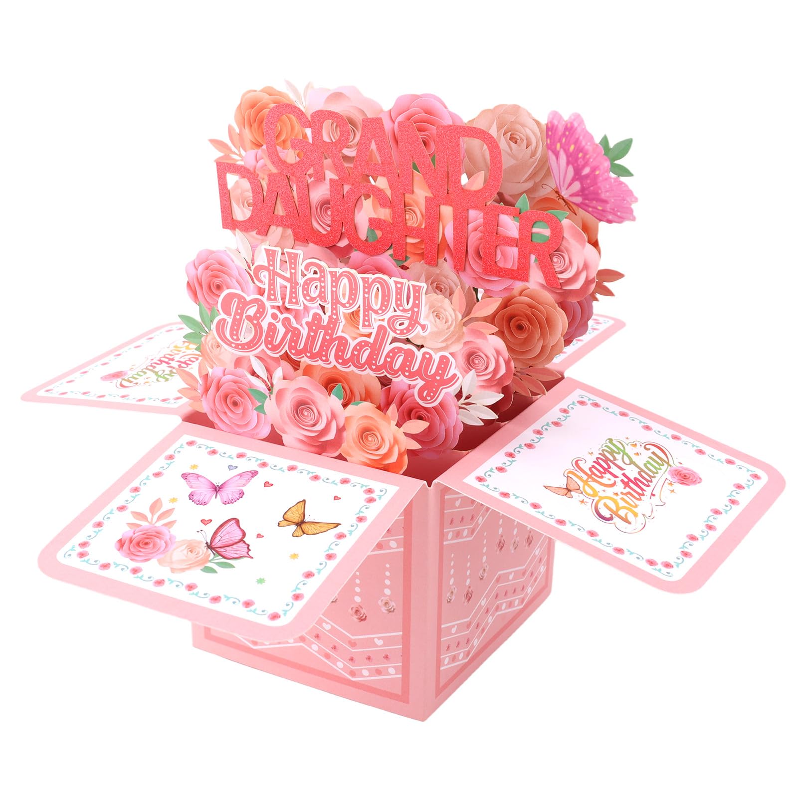 Birthday Cards for Grand Daughter, Floral 3D Birthday Pop Up Card with Multi-Colored Rose and Butterfly Patterns for Grand Daughter Celebration Gift
