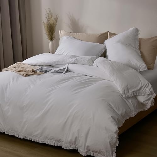 PHF Juego de funda de edredón 100% algodón lavado, tamaño King, ultra suave, de lino y algodón con borlas, 3 piezas, transpirable, duradera, con