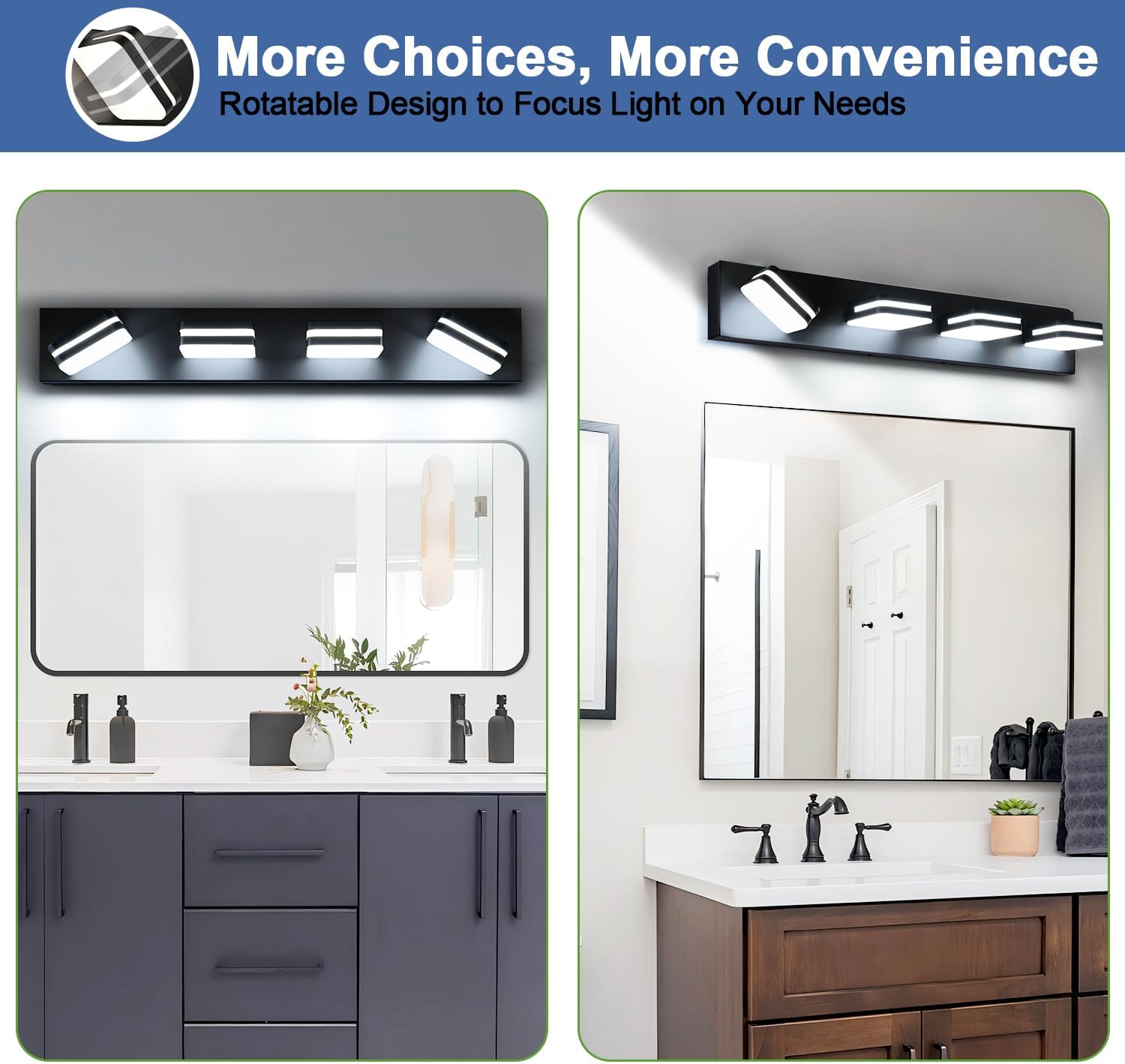 360° Rotate LED Bathroom Vanity Light Fixtures, 1600LM Acrylic Matte Black Vanity Lights for Bathroom, Modern Wall Lighting Fixtures Over Mirror Kitchen Living Room Hallway (Natural White Light 5000K)