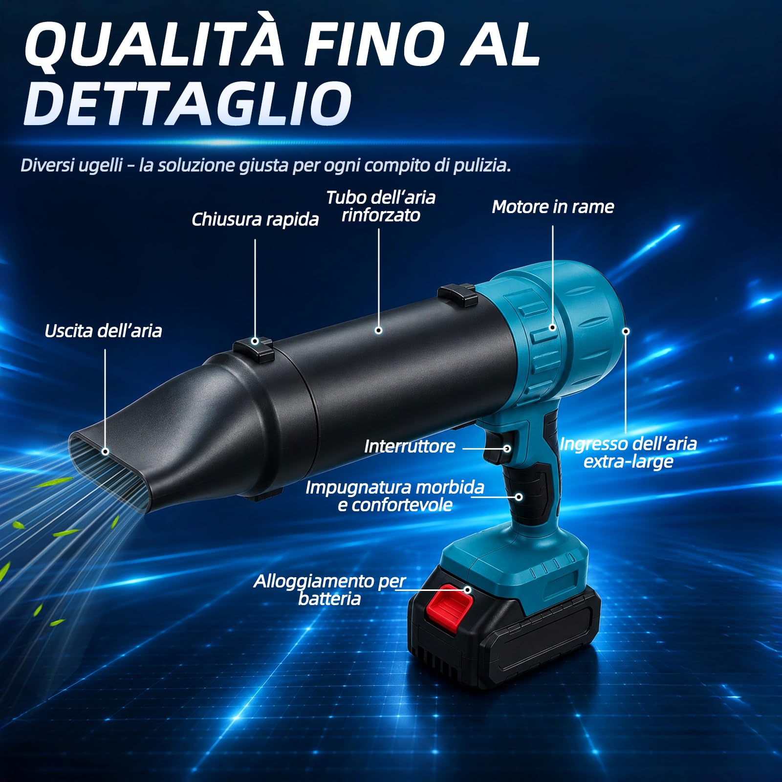 Soffiatore per foglie senza fili Turbo – 40000 giri/min, 60 m/s, 650 g – incl. 3 ugelli – Compatibile con Makita 18V – Blu (Senza batteria e caricabatterie)