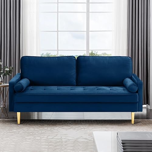 Miniatura 8 de RXRRXY Moderno sofá biplaza de terciopelo de 67 pulgadas, sofá pequeño tapizado de mediados de siglo con 2 almohadas y 4 patas doradas, sofás de 2