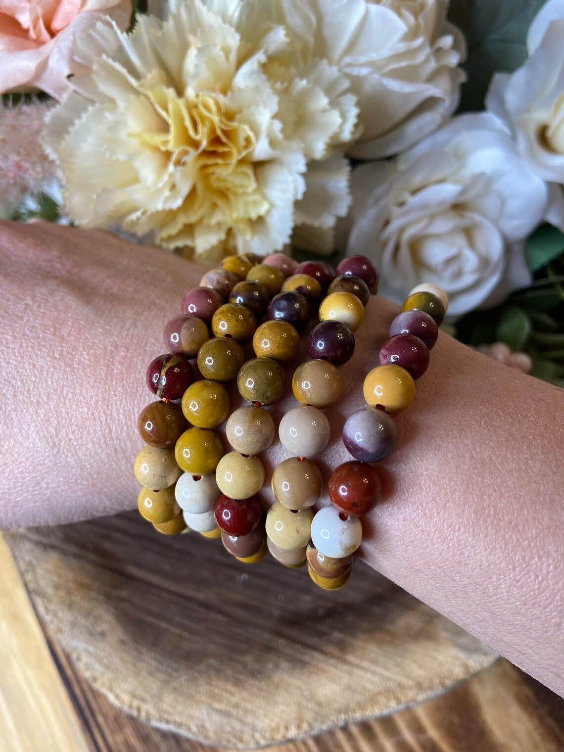 Mookite - Braccialetto in stile bohémien, realizzato a mano, con pietre semipreziose naturali da 10 mm, con perline rotonde lisce da 10 mm, braccialetto regolabile per meditazione spirituale, unisex,