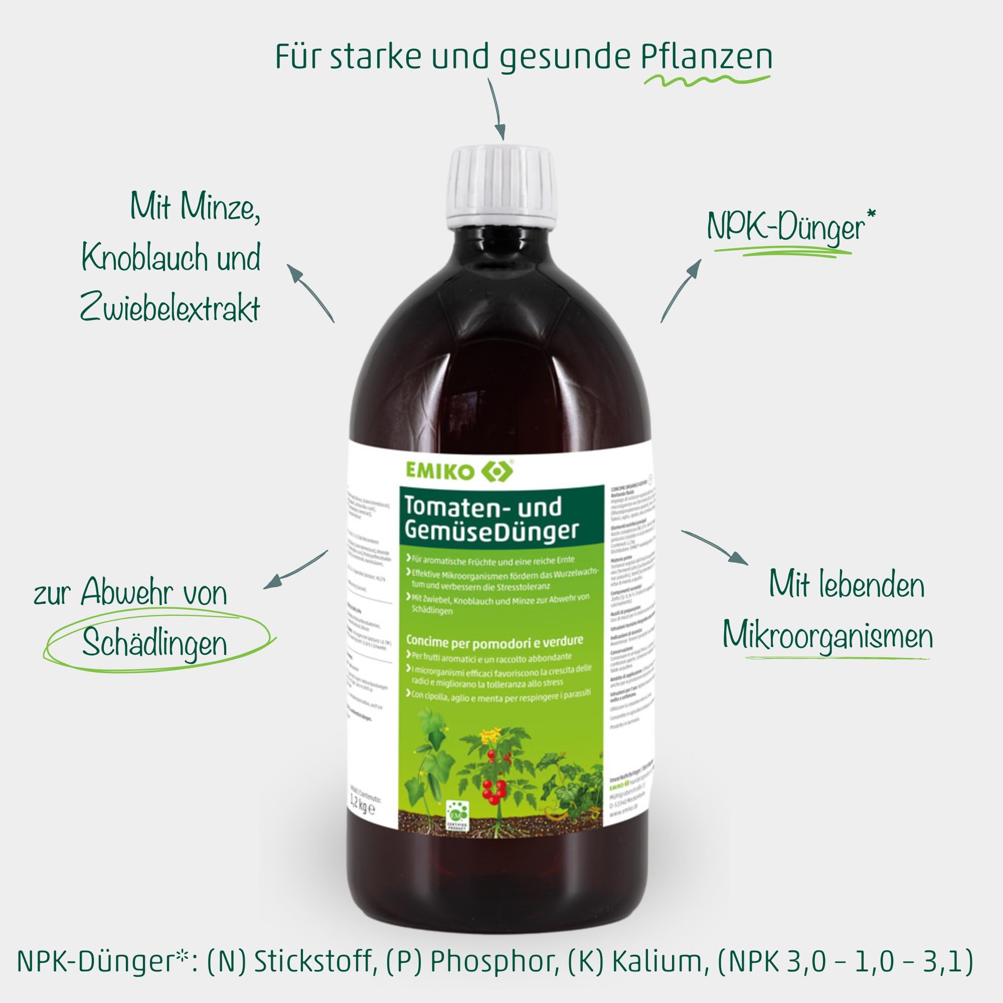 Emiko Tomaten- und GemüseDünger 1,2kg für aromatisches Gemüse und eine reiche Ernte mit effektiven Mikroorganismen I Tomaten I Gurken I Zucchini I Paprika etc.