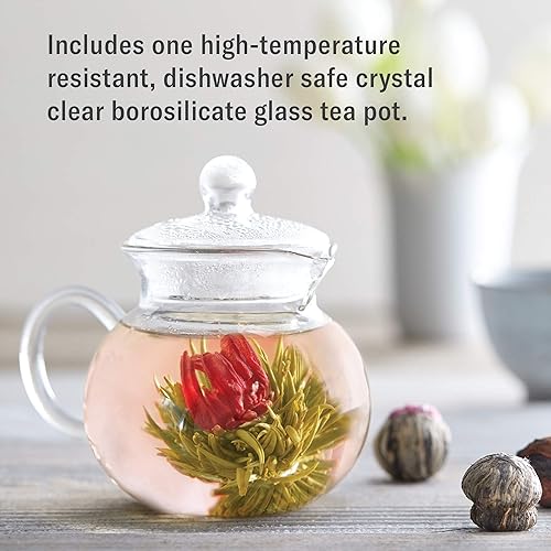 Vista 3 de Numi Juego de regalo de té orgánico con hojas bailarinas, 5 flores de té con tetera de vidrio de 16 onzas (el embalaje puede variar)