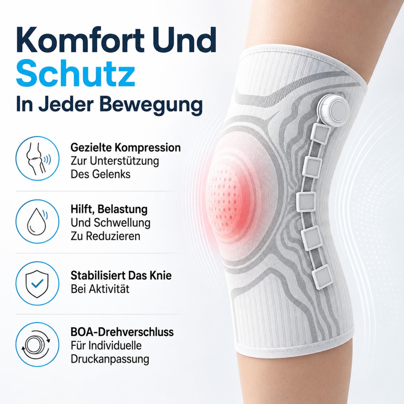VILAO Kniebandage Mit Drehverschluss Patellarschutz 3D Kompression Rutschfest Für Alltag Arbeit Laufen Fitness Und Sport Kniebandage Männer (XL,2Weiß)