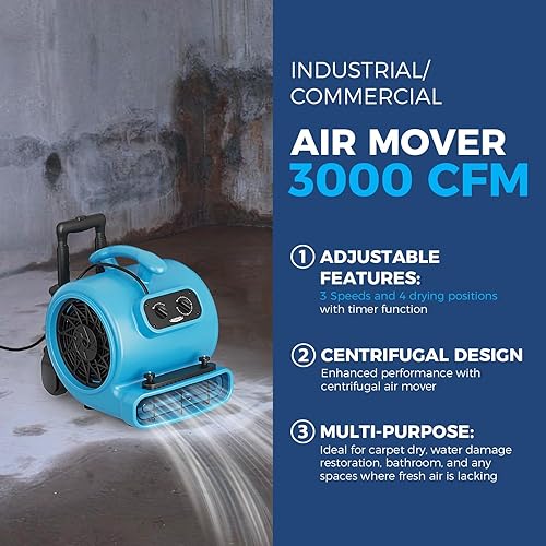 Miniatura 3 de ALORAIR Ventilador Soplador Movedor de Aire de 3000 CFM para Industrial, Ventilador de Secado de Pisos, Secadora de Alfombras - Temporizador, Mango