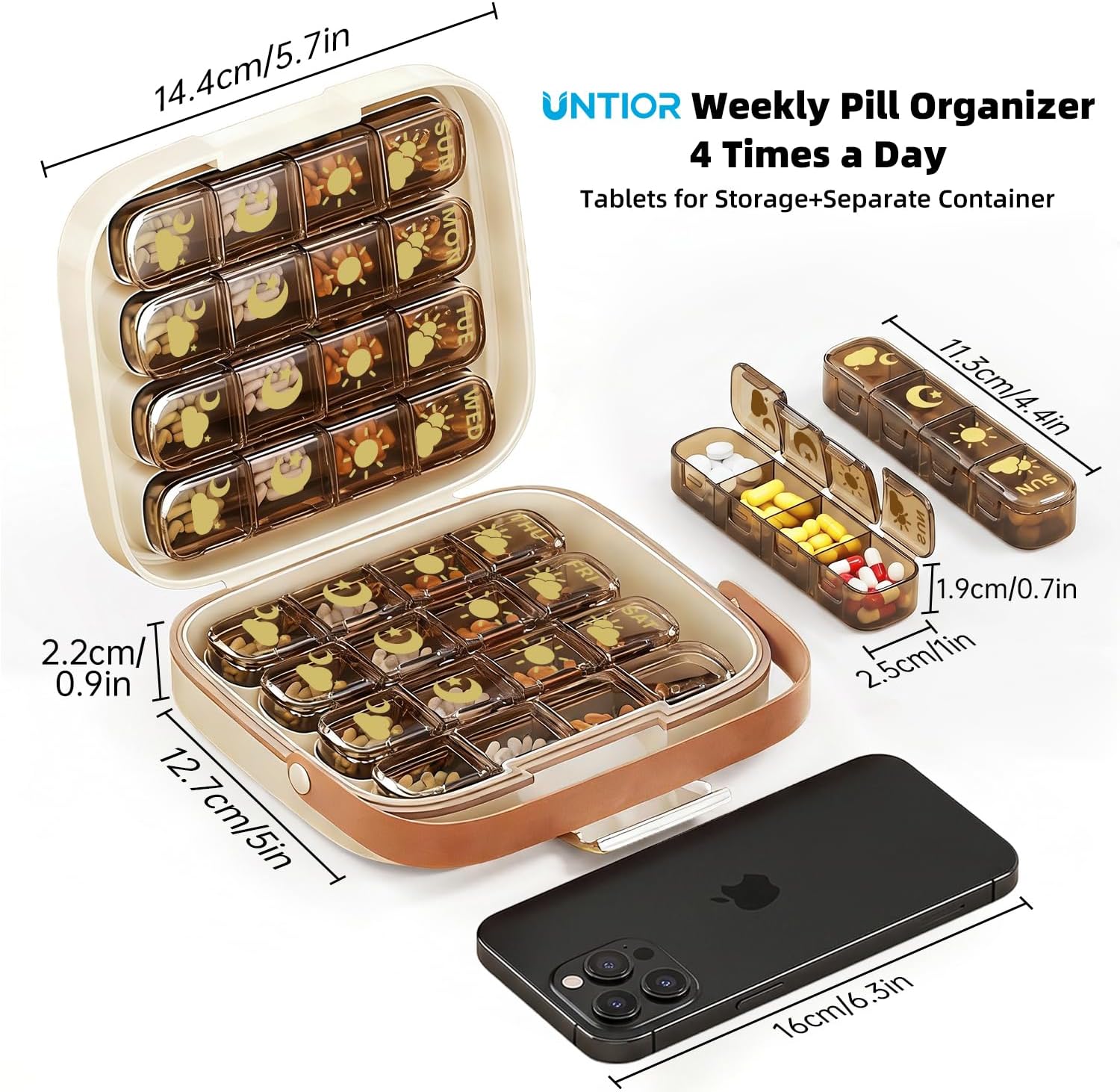 Weekly Pill Organizer 4 Times a Day, 32-Compartment Medicine Box with Moisture-Proof Sealed Lids, Privacy Protection Portable Vitamin Container for Travel Business Trip Elderly(Beige) image 2