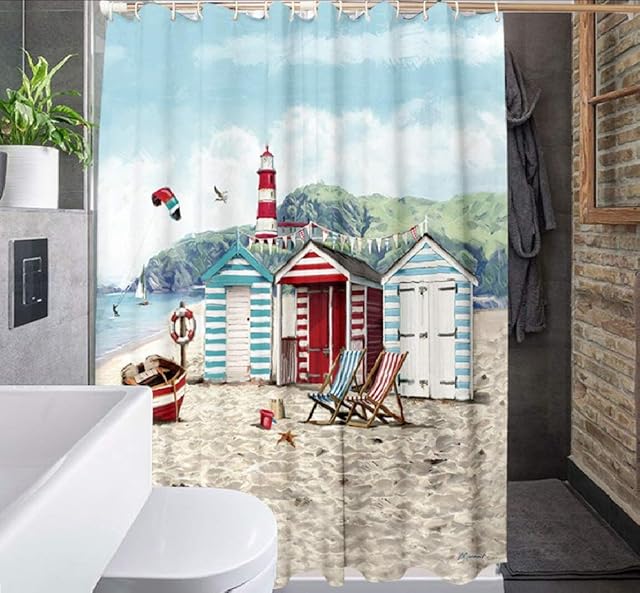 LucaSng Beach Hut Shower Curtain Waterproof Bathroom Bathtub Anti-Mildew Polyester Fabric Bathroom Shower Curtain With Hooks 180X180Cm