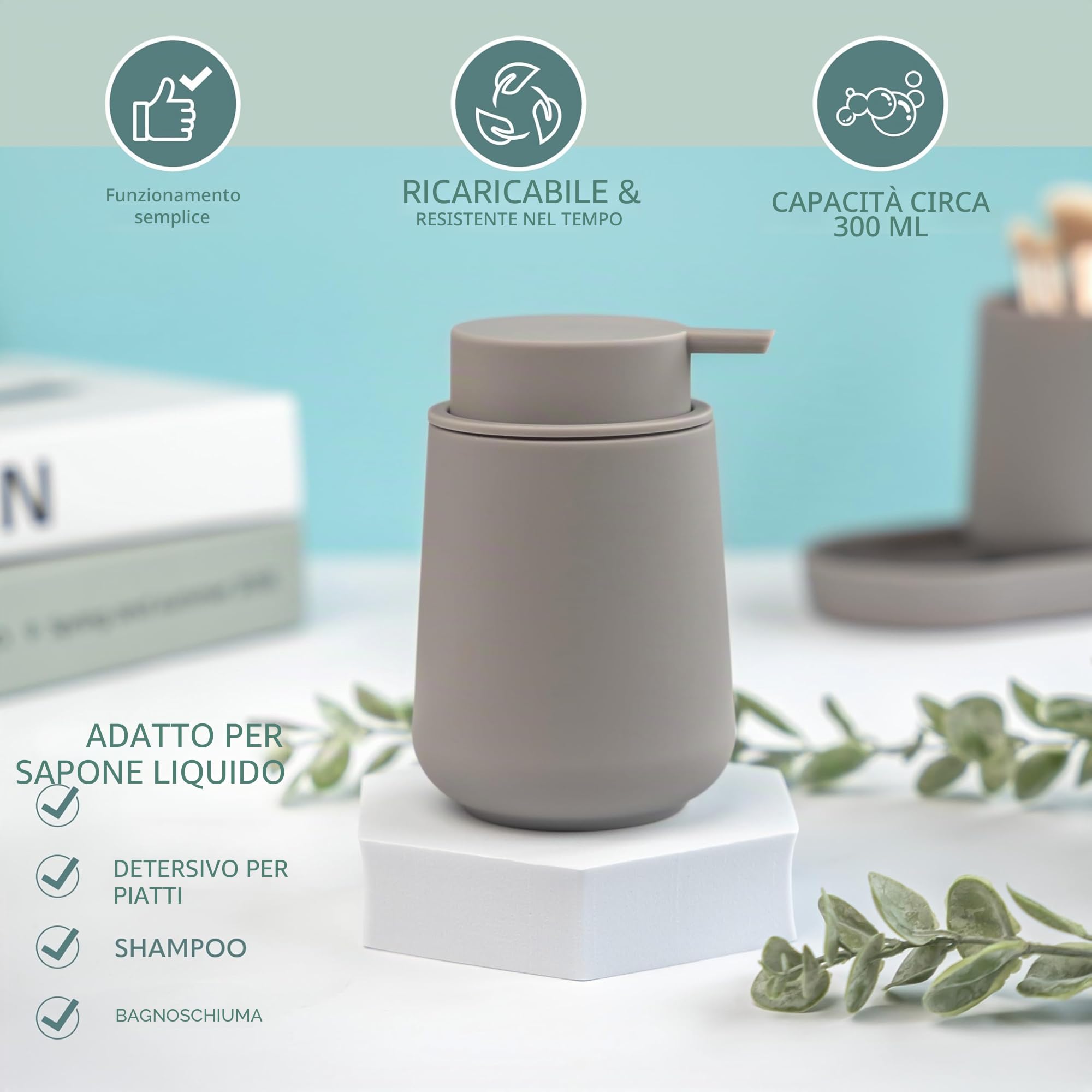 eluno TESERO - Set di accessori da bagno con superficie soft touch, 3 pezzi, composto da 1 dispenser di sapone, 1 tazza e 1 ciotola, ideale per bagno e cucina in plastica (tortora)