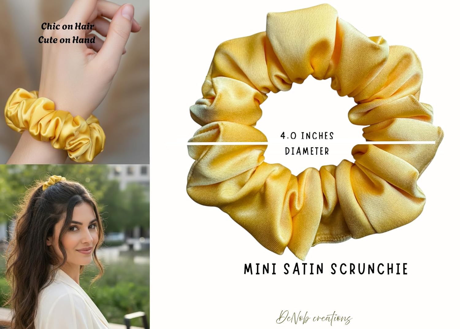 DeNob 4-Piece Matte Satin Hair Gift Set: XL Scrunchies for Thick Hair, Mini silk-feel Ties, Matching Barrette and Earrings - Anti-Breakage Self-Care Kit Everyday use (Yellow)