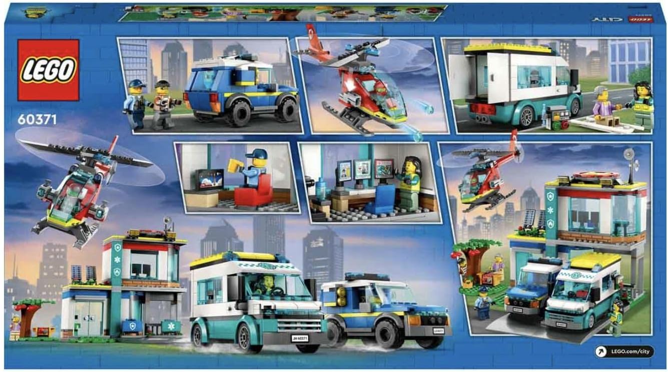 Lego 60371 City Emergency Vehicle Headquarters Building Set with Toy Helicopter, Ambulance, Toy Motorbike and Police Car, Gift Idea for Children Over 6 Years Old