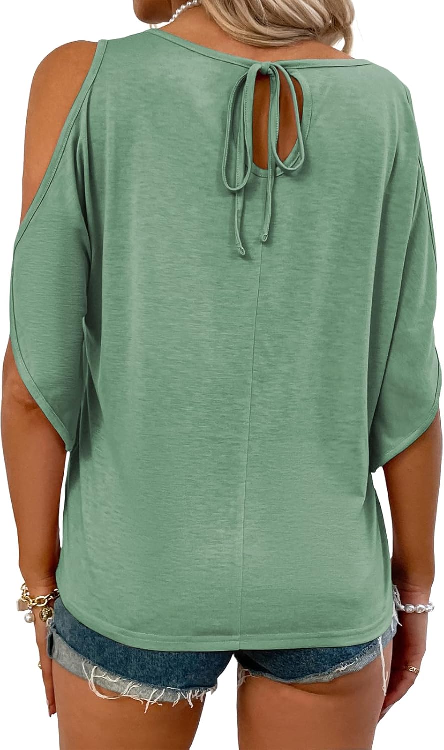 Aoysky Women Cold Shoulder Tops Summer Short Sleeve Shirt Scoop Neck Tee Casual Loose Fitting Solid Color Tunic Top - Image 2