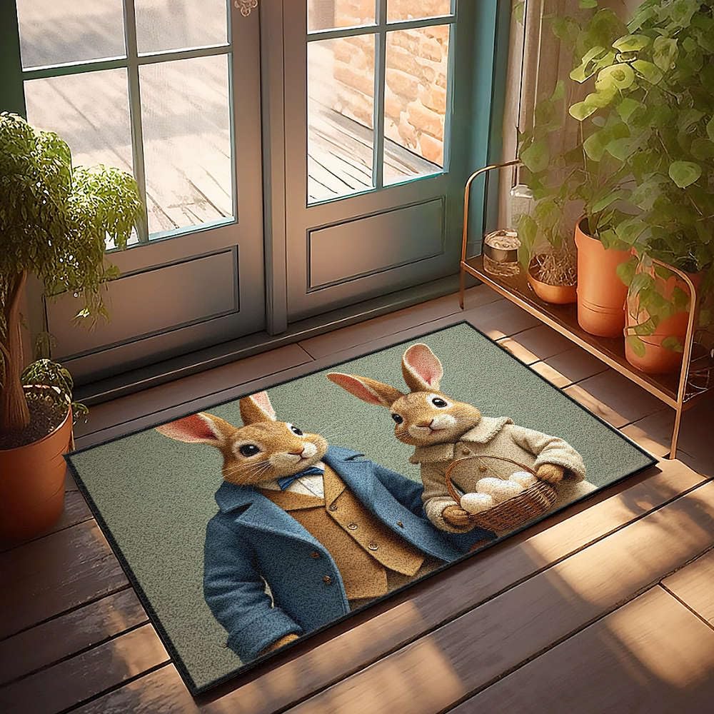 Paillasson de bienvenue avec texte amusant et motif lapin étanche extérieur 65 x 90 cm