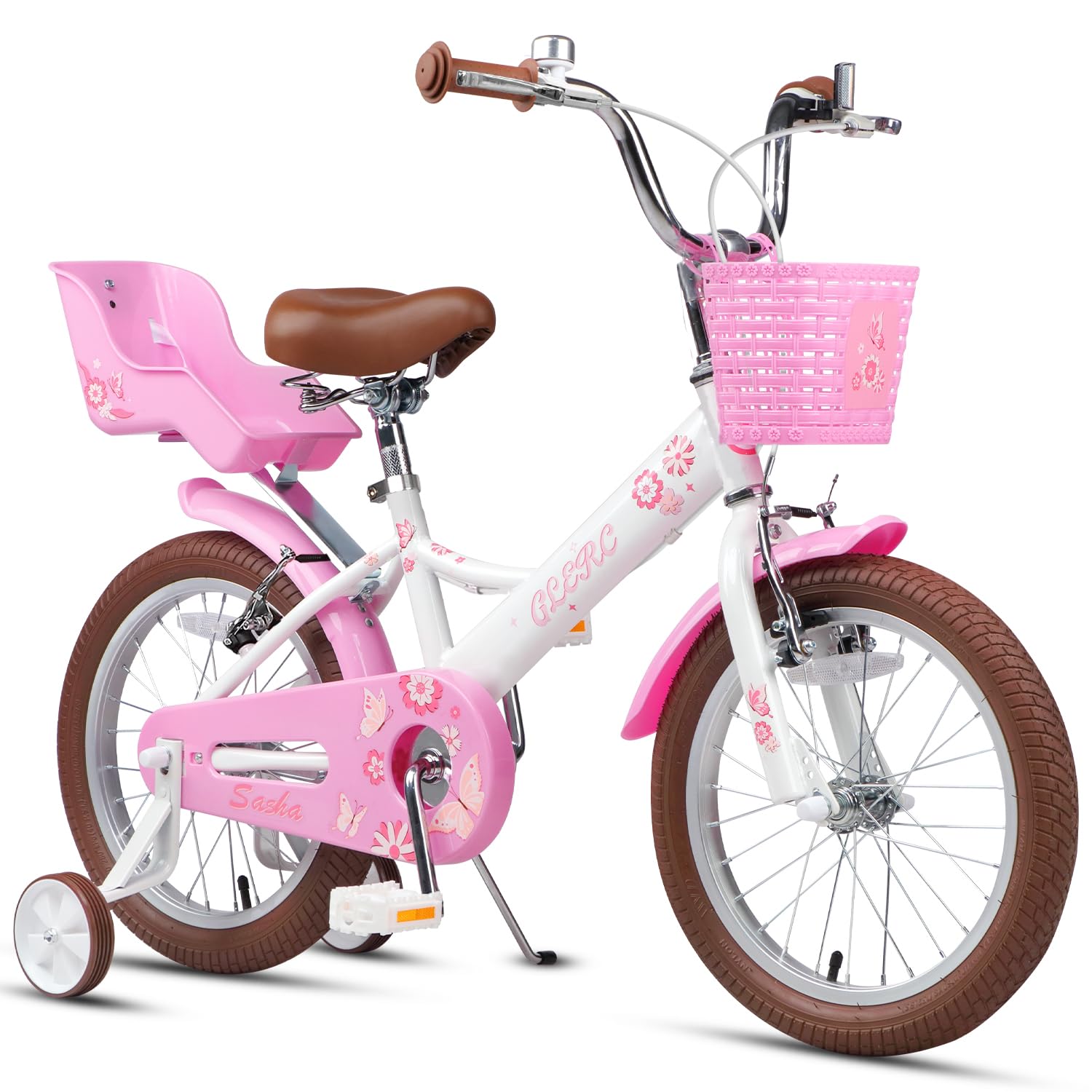 Glerc 16 Inch Girls Kids Bike for Children Ages 4 5 6 7 8 Years with Stabilisers & Doll-Seat & Basket, White