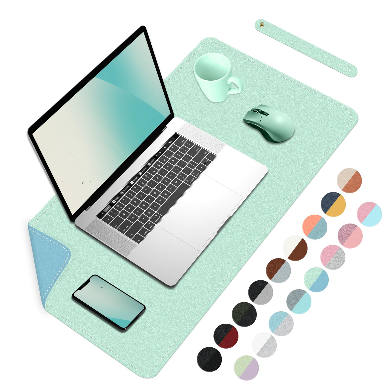 Alfombrilla de escritorio de doble cara, protector de escritorio para oficina, protector de escritorio impermeable, alfombrilla de ratón grande para teclado y ratón, 60 x 35 cm, verde lago+azul