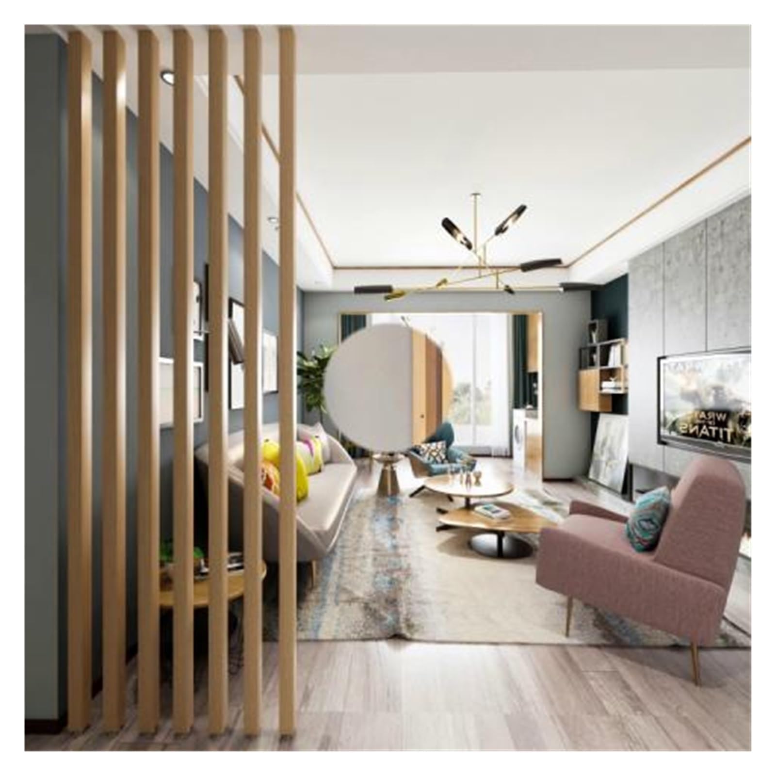 Floor to Ceiling Wall Post Partitions Screens， Wood Slats Room Divider Column Screen Post Adjustable Feet Multiple Sizes No Drill(1pcs,170cm/66.9in/5.58ft)