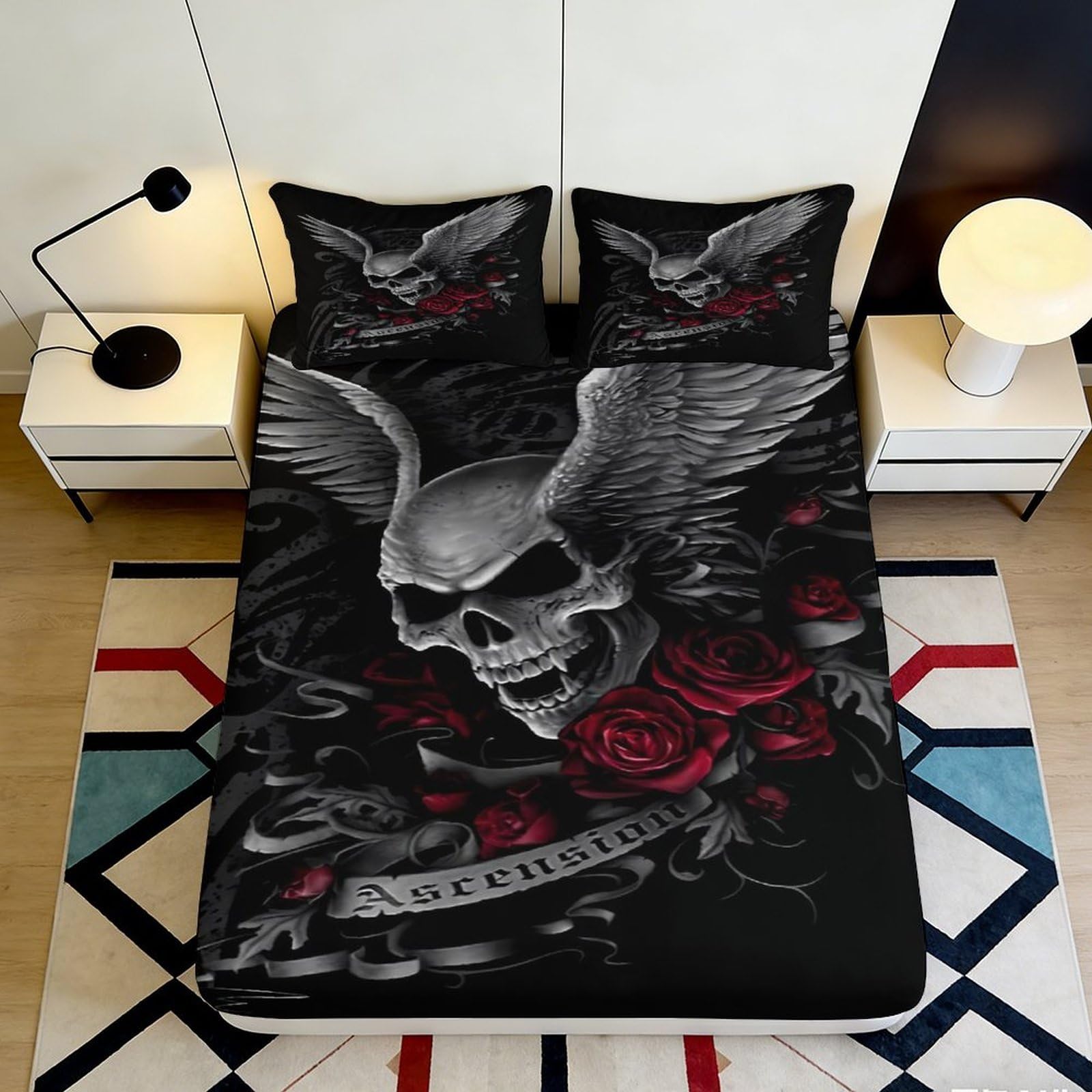 3D Printed Skull Wings Fitted Sheet Microfiber Black Gothic Roses Mattress Cover for Bedroom Dorm Decor 90x200x25cm