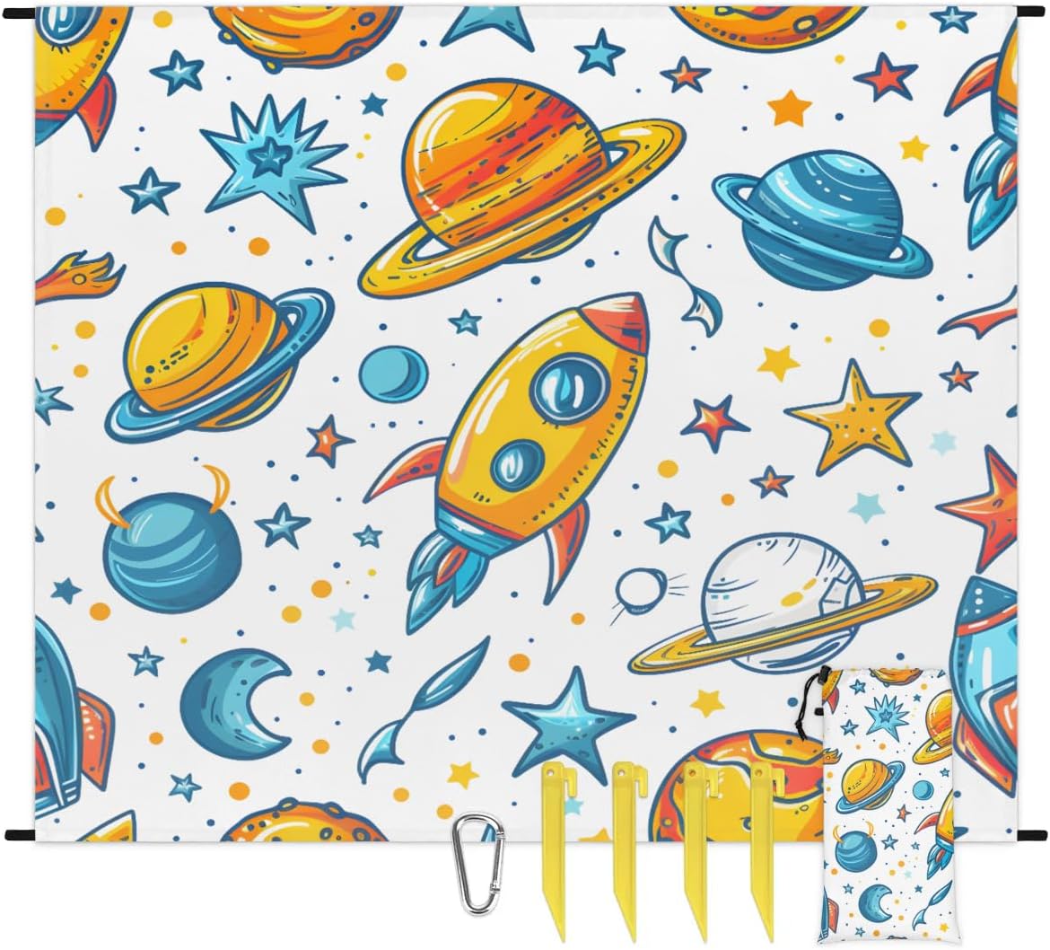 Honeybaby Spaceship Cartoon Rocket Beach Blanket Waterproof Sandproof Lightweight Portable Picnic Blankets for Beach Travel Camping Hiking Vacation Essentials 59x68