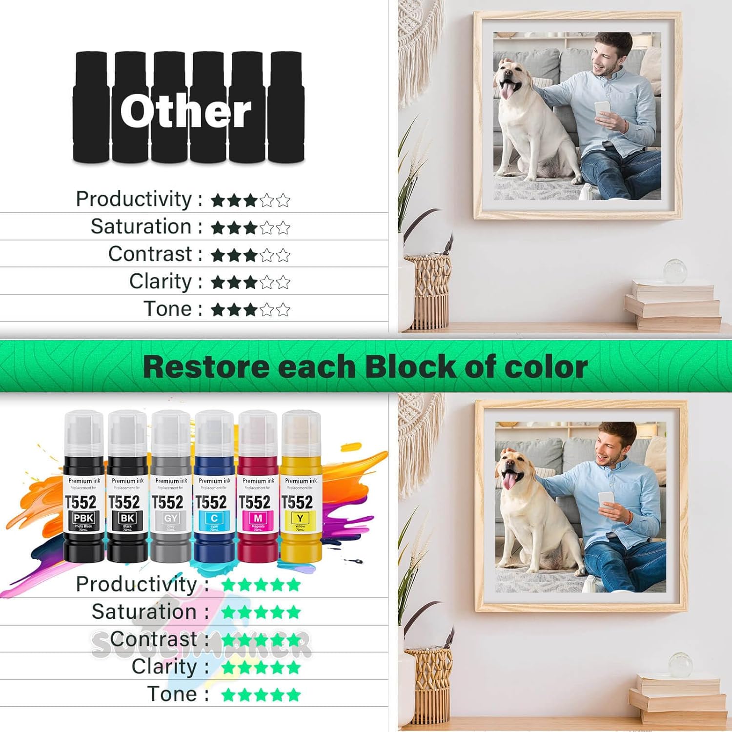 Compatible for 552 Ink Refill Bottles 6 Pack (NotSublimation Ink) Compatible Replacement for Epson Ecotank Photo ET-8550 ET-8500 ET8550 ET8500 8550 8500 Printer, T552 Ink (BK Pigment, PB C M Y GY Dye)