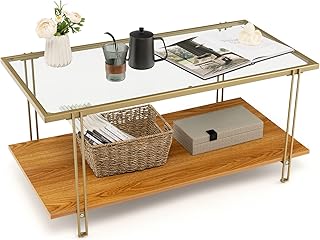 COSTWAY Coffee Table, 2-Tier Rectangular Cocktail Tea Center Table with Tempered Glass Top & Wooden Storage Shelf, Modern Metal Frame Accent Sofa End Side Tables for Living Room, Bedroom and Office