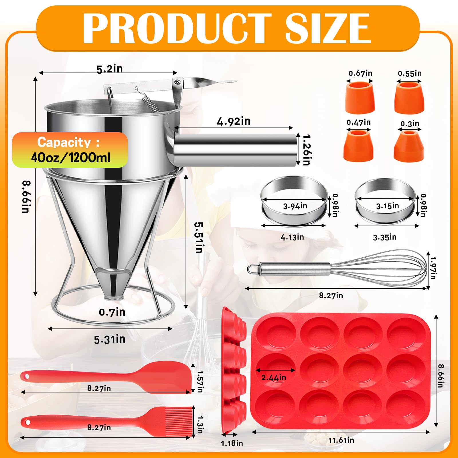40oz Pancake Batter Dispenser, Stainless Steel Funnel Cake Dispenser with 4 Silicone Nozzles, 2 Muffin Rings, Silicone Muffin Pan, Brush, Scraper, Egg Beater, Great for Cupcakes and Baked Goods