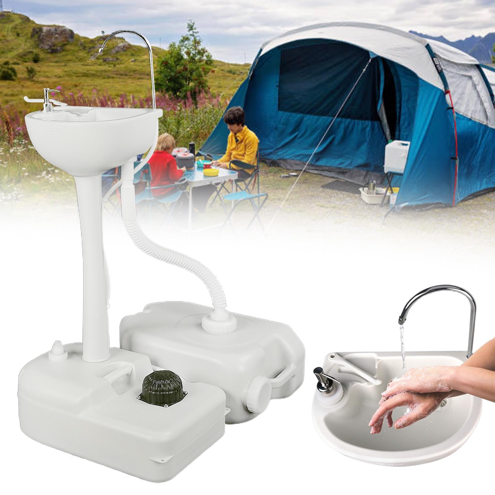 Lavandino da campeggio portatile con ruote, porta asciugamani e dispenser di sapone, ideale per eventi all'aperto, cantieri e picnic